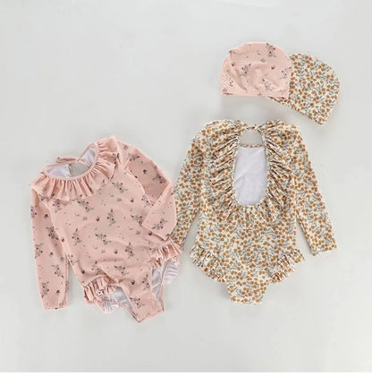 -キッズ水着 帽子セット 長袖ワンピース スイムウェア フリル フラワー花柄プリント 2カラー【mh0004456】 - mamahalo shop - ベビー用水着 -  べビー服 - 子供服 - 男の子 - 女の子