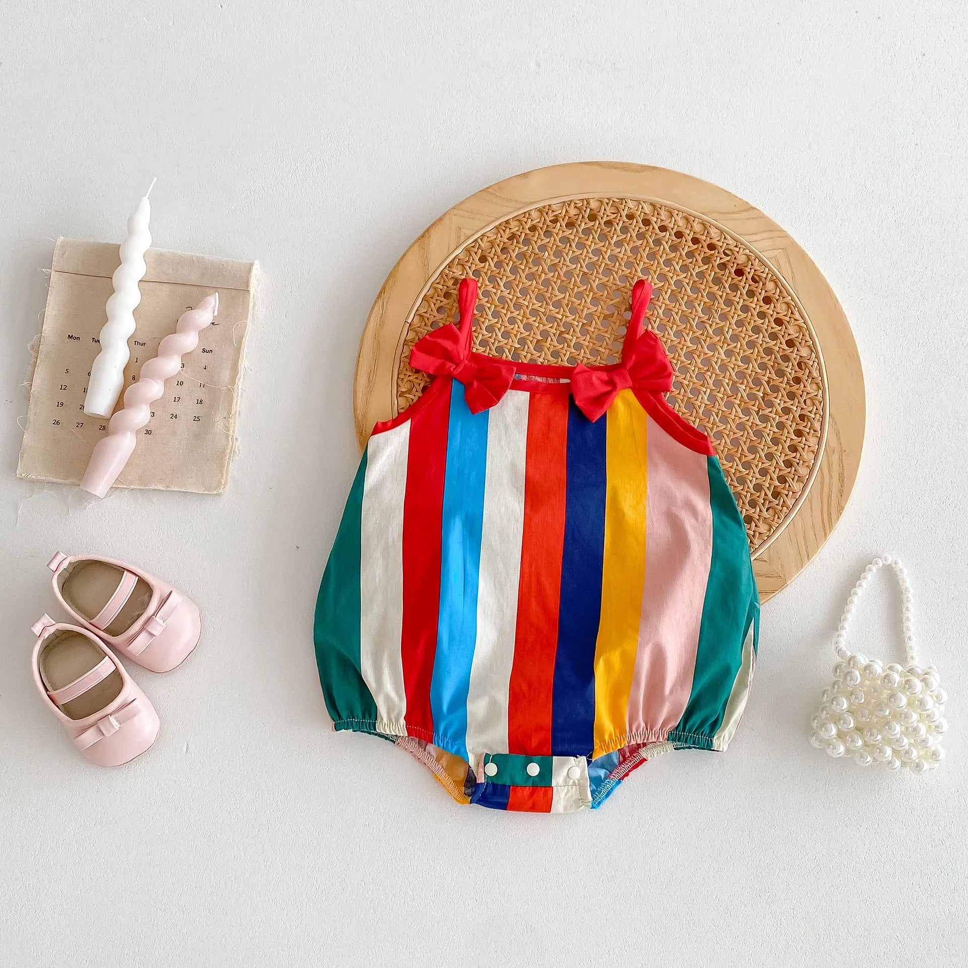 -ベビーロンパース カラフルストライプ キャミソールボディスーツ リボン【mh0006551】 - mamahalo shop - ノースリーブロンパース -  べビー服 - 子供服 - 男の子 - 女の子