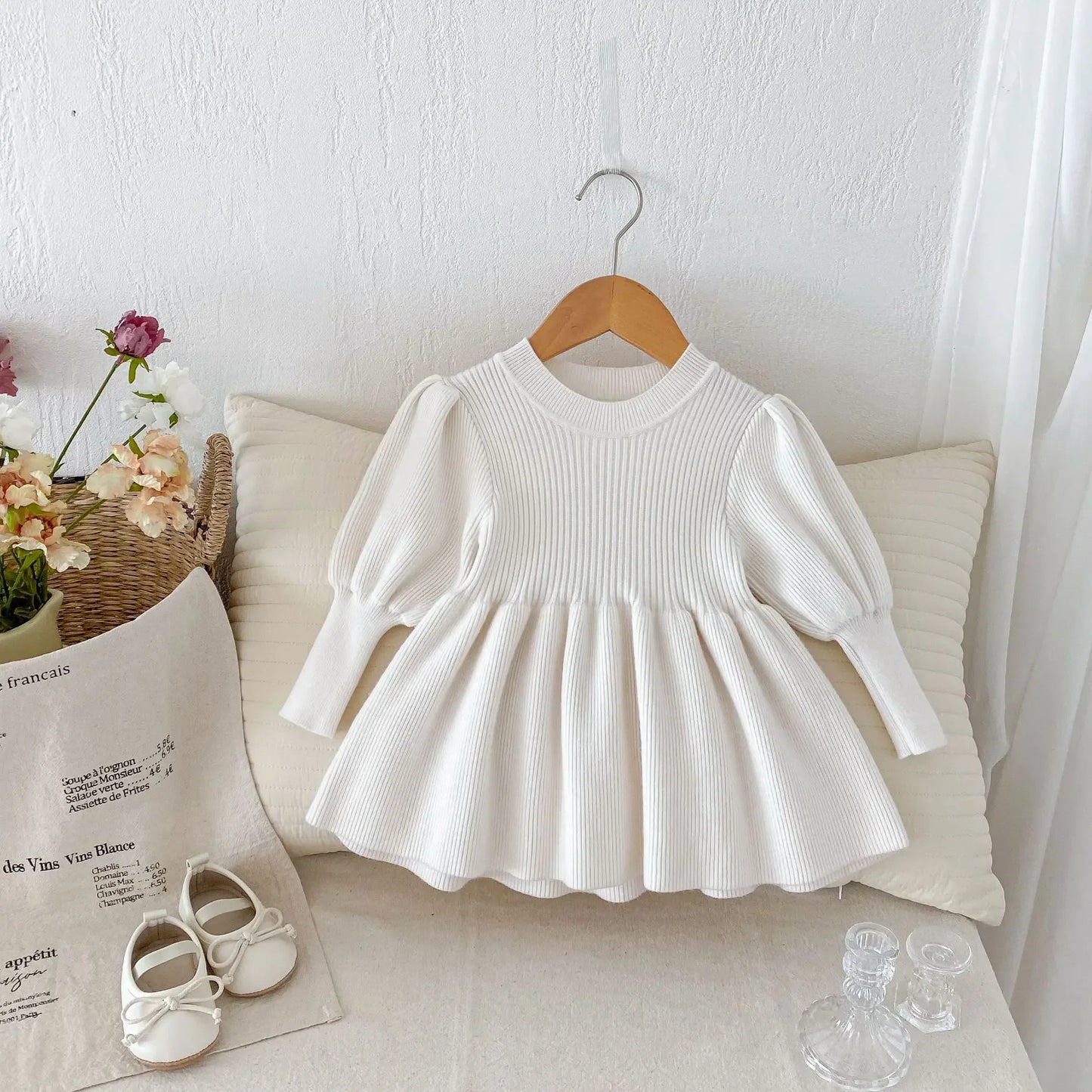 -ベビーキッズワンピース 長袖パフスリーブニットドレスミニワンピース 4カラー - mamahalo shop - 長袖ワンピース -  べビー服 - 子供服 - 男の子 - 女の子