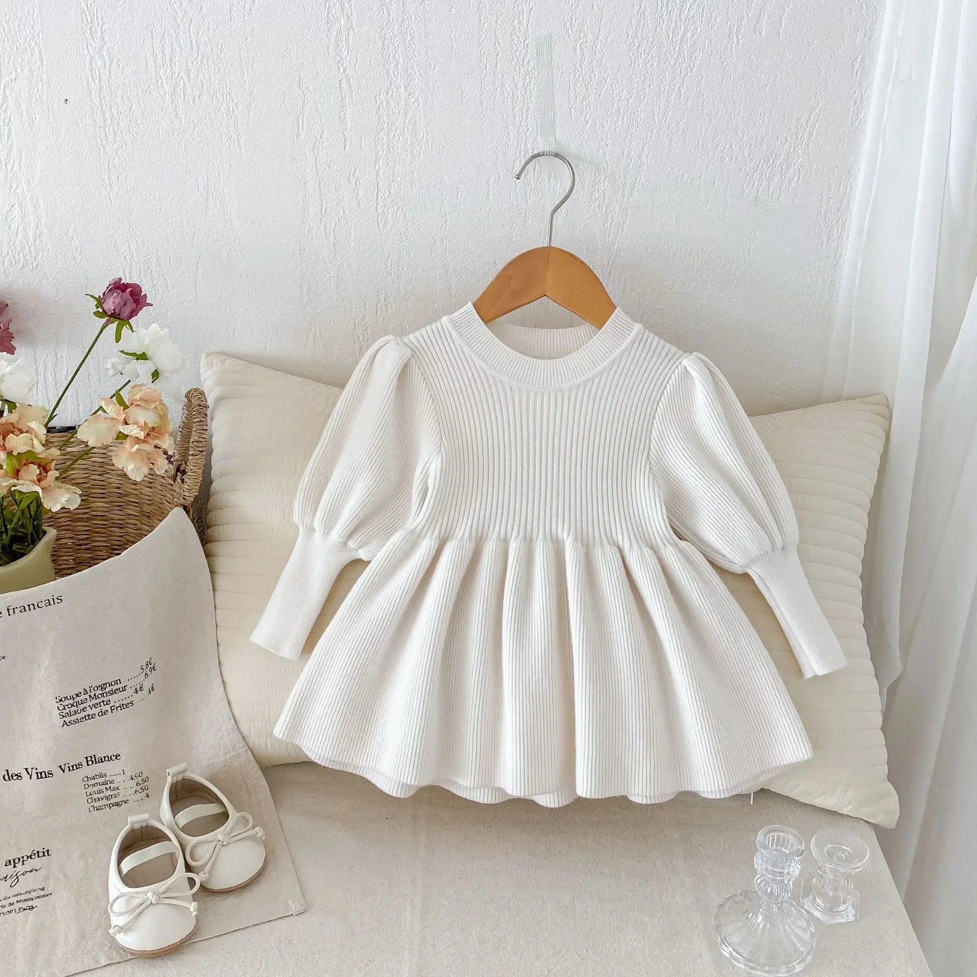 -ベビーキッズワンピース 長袖パフスリーブニットドレスミニワンピース 4カラー - mamahalo shop - 長袖ワンピース -  べビー服 - 子供服 - 男の子 - 女の子