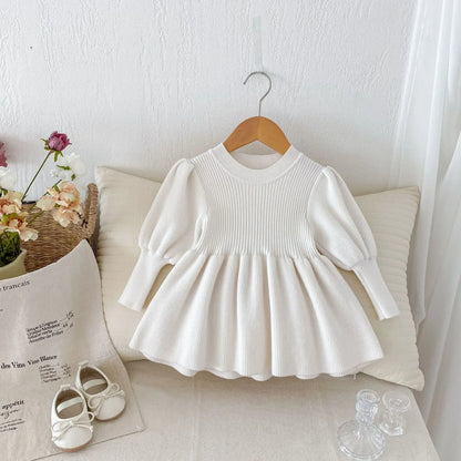 -ベビーキッズワンピース 長袖パフスリーブニットドレスミニワンピース 4カラー - mamahalo shop - 長袖ワンピース -  べビー服 - 子供服 - 男の子 - 女の子