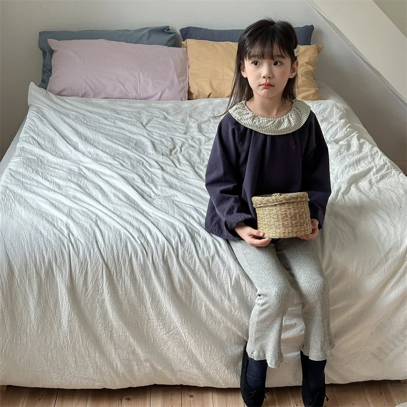 -キッズトップス ストライプサークル襟 長袖ブラウス シャツ 2カラー - mamahalo shop - 長袖シャツ・ブラウス -  べビー服 - 子供服 - 男の子 - 女の子