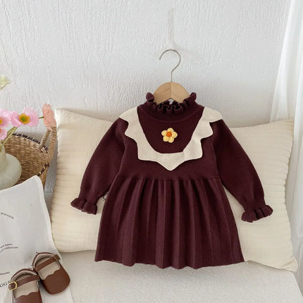 ベビーキッズワンピース ニットフラワー長袖ワンピース 2カラー - mamahalo shop - 長袖ワンピース -  べビー服 - 子供服 - 男の子 - 女の子