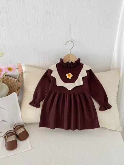 -ベビーキッズワンピース ニットフラワー長袖ワンピース 2カラー - mamahalo shop - 長袖ワンピース -  べビー服 - 子供服 - 男の子 - 女の子