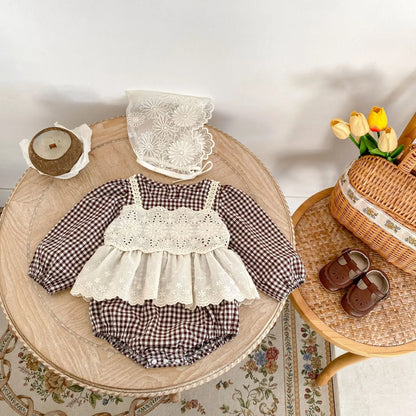 -ベビーロンパース レースエプロンドッキングチェック長袖ボディスーツ - mamahalo shop - 長袖ロンパース -  べビー服 - 子供服 - 男の子 - 女の子
