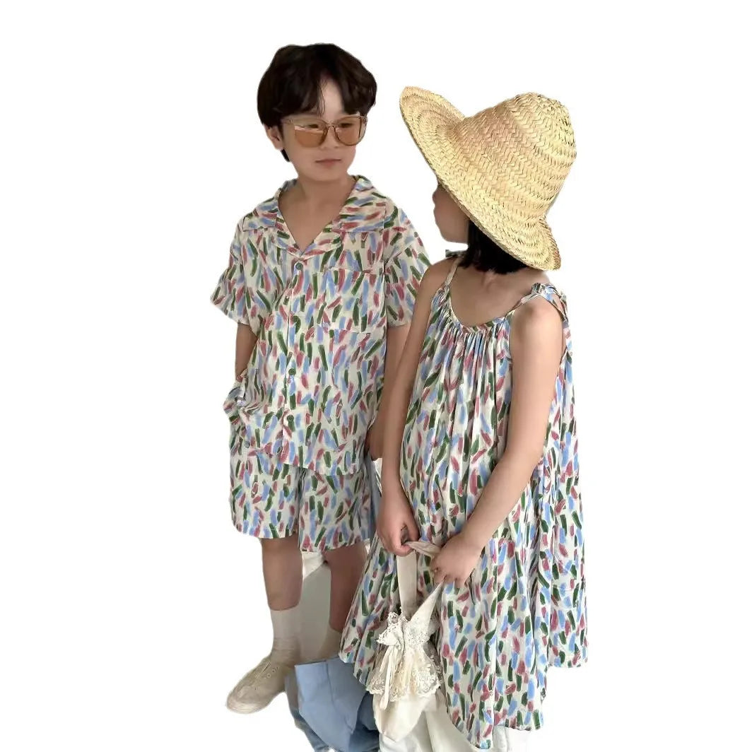 -キッズセットアップ 2点セット/ワンピース ボーイズ半袖シャツ+ショートパンツ/ガールズキャミワンピ カラフル リンクコーデ 兄弟姉妹 お揃いコーデ - mamahalo shop - 半袖セットアップ -  べビー服 - 子供服 - 男の子 - 女の子