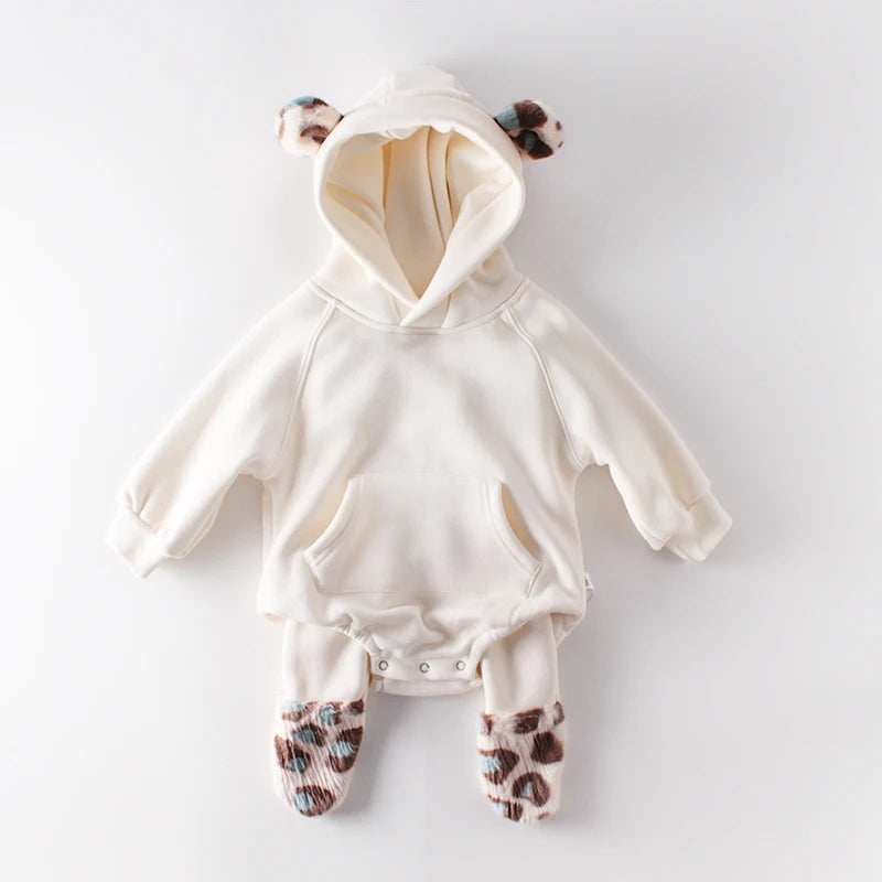 -ベビーロンパース レオパードファー耳付きフーディボディスーツ 2カラー【mh0006993】 - mamahalo shop - 長袖ロンパース -  べビー服 - 子供服 - 男の子 - 女の子