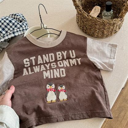 -キッズトップス 半袖Tシャツ ペンギン レターロゴプリント 3カラー - mamahalo shop - 半袖Tシャツ -  べビー服 - 子供服 - 男の子 - 女の子