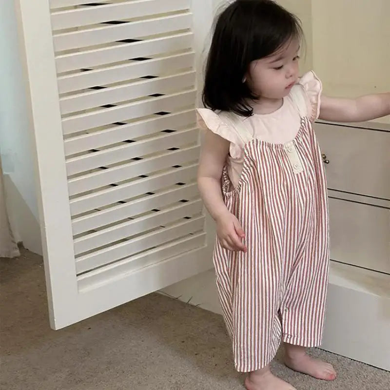 -ベビートップス/サロペット フリルスリーブTシャツ/ストライプサスペンダージャンプスーツ ピンク【mh0006306】 - mamahalo shop - サロペットパンツ・サスペンダーパンツ -  べビー服 - 子供服 - 男の子 - 女の子