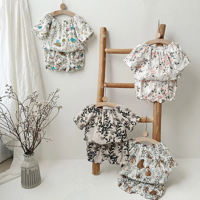 -キッズセットアップ 2点セット ダブルガーゼ 半袖スモックブラウス+バルーンショートパンツ ボタニカルプリント ルームウェア 4カラー【mh0004895】 - mamahalo shop - 半袖セットアップ -  べビー服 - 子供服 - 男の子 - 女の子