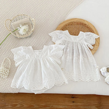 -ベビーロンパース/キッズワンピース レースフリルスリーブ サマードレス ホワイト リンクコーデ 姉妹 お揃いコーデ - mamahalo shop - 半袖ロンパース -  べビー服 - 子供服 - 男の子 - 女の子