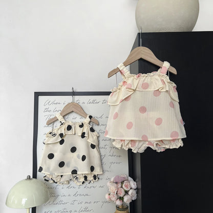 -ベビーセットアップ 2点セット キャミソールチュニックブラウス+フリルショートパンツ 水玉コインドットプリント 2カラー【mh0006198】 - mamahalo shop - ノースリーブセットアップ -  べビー服 - 子供服 - 男の子 - 女の子