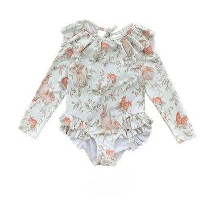 -キッズ水着 ガールズ 長袖ワンピース+帽子セット フリル ラビットうさぎプリント スイムウェア【mh0005985】 - mamahalo shop - ベビー用水着 -  べビー服 - 子供服 - 男の子 - 女の子