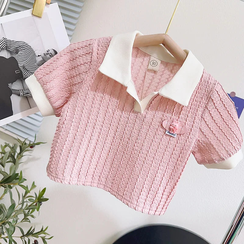 -キッズセットアップ 2点セット 半袖ポロシャツ+ショートパンツ ピンク - mamahalo shop - 半袖セットアップ -  べビー服 - 子供服 - 男の子 - 女の子