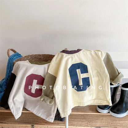 -キッズトップス 長袖Tシャツ パッチワーク レターロゴプリント 2カラー - mamahalo shop - 長袖Tシャツ -  べビー服 - 子供服 - 男の子 - 女の子