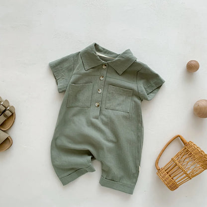 -ベビー シンプル 半袖 シャツ ジャンプスーツ ベージュ グリーン ボーイズ - mamahalo shop - 半袖ジャンプスーツ -  べビー服 - 子供服 - 男の子 - 女の子