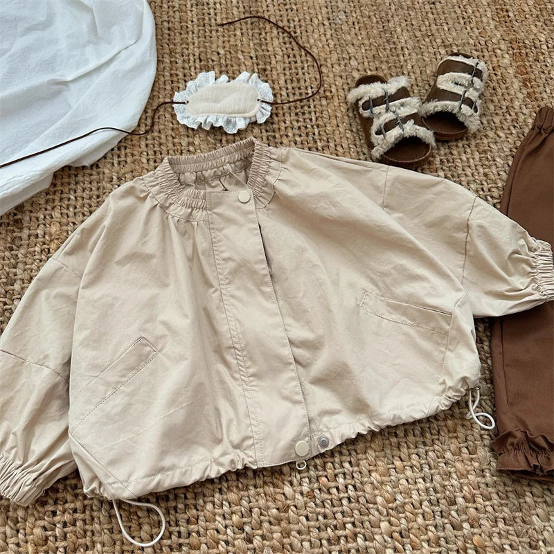 -キッズアウター ジップアップドロストジャンパージャケット カーキ - mamahalo shop - ショートコート・ジャケット・ジャンパー -  べビー服 - 子供服 - 男の子 - 女の子