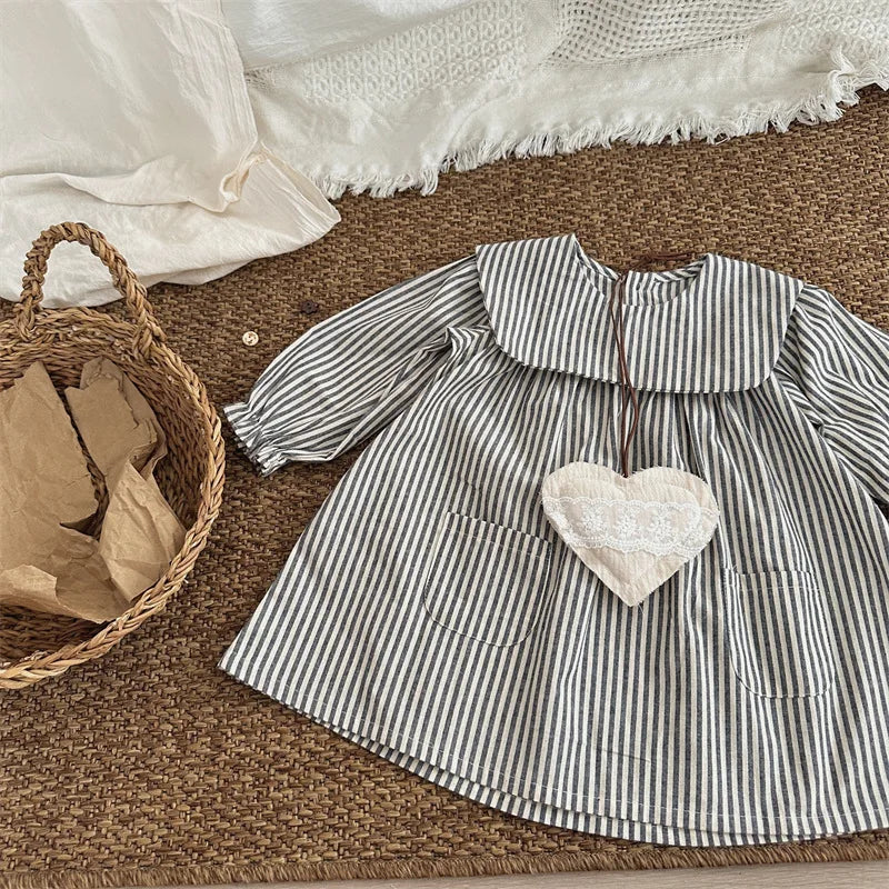 -キッズワンピース ストライプビッグ襟長袖ワンピース - mamahalo shop - 長袖ワンピース -  べビー服 - 子供服 - 男の子 - 女の子