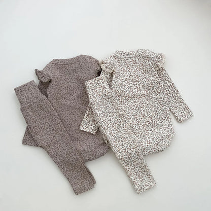 -ベビーセットアップ 3点セット 長袖ロンパース+パンツ+ボンネット帽子 フラワー花柄プリント 2カラー【mh0006570】 - mamahalo shop - ロンパースセットアップ -  べビー服 - 子供服 - 男の子 - 女の子