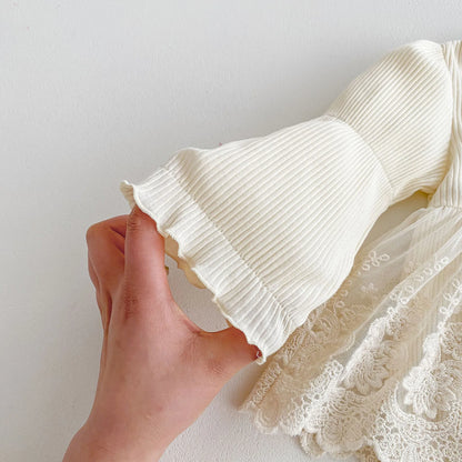 -ベビーロンパース 長袖バブルスリーブスカートボディスーツ ベビードレス ベージュ【mh0006521】 - mamahalo shop - 長袖ロンパース -  べビー服 - 子供服 - 男の子 - 女の子