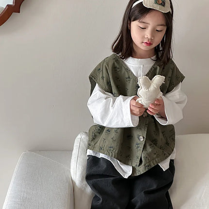 キッズベスト フラワープリントアシメボタンベスト - mamahalo shop - ベスト -  べビー服 - 子供服 - 男の子 - 女の子