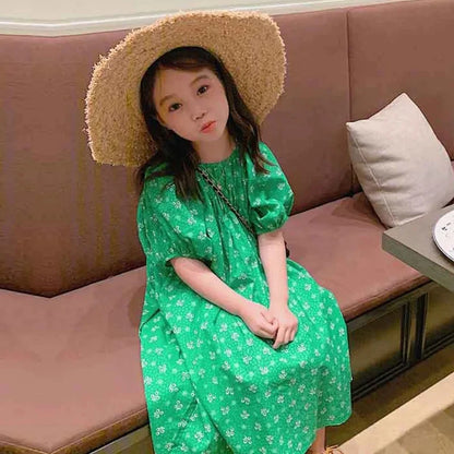 -キッズワンピース 半袖パフスリーブルーズワンピース グリーン【mh0006110】 - mamahalo shop - 半袖ワンピース -  べビー服 - 子供服 - 男の子 - 女の子