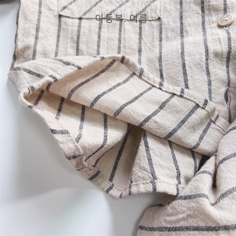 -キッズ ストライプ セットアップ 半袖 シャツ ブラウス ショートパンツ ベージュ ボーイズ - mamahalo shop - 半袖セットアップ -  べビー服 - 子供服 - 男の子 - 女の子