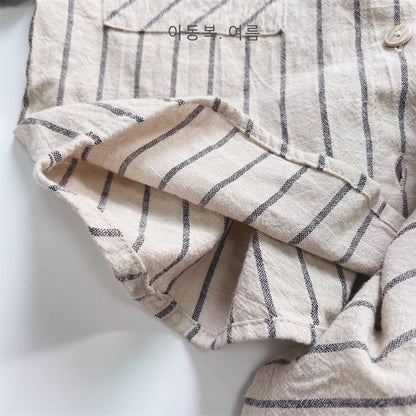 -キッズ ストライプ セットアップ 半袖 シャツ ブラウス ショートパンツ ベージュ ボーイズ - mamahalo shop - 半袖セットアップ -  べビー服 - 子供服 - 男の子 - 女の子