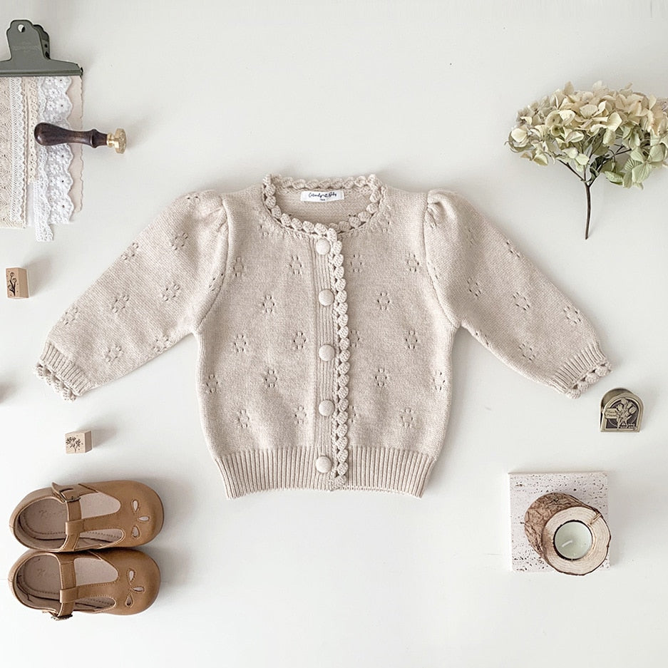 -ベビー キッズ レースニット 長袖 パフスリーブ カーディガン ジャケット ガールズ - mamahalo shop - カーディガン・パーカー -  べビー服 - 子供服 - 男の子 - 女の子