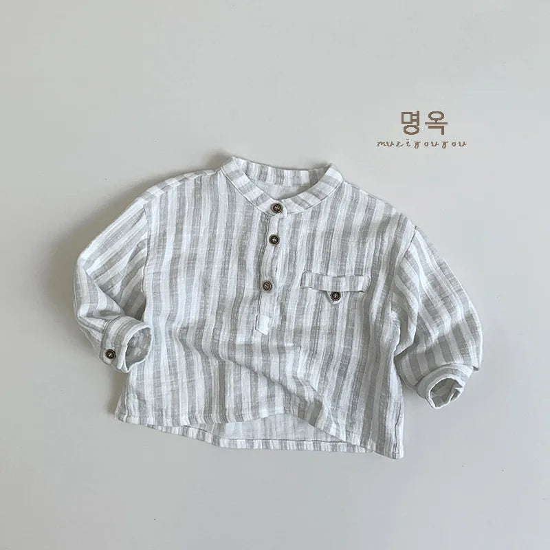 -キッズトップス 長袖スタンドカラーストライプルーズシャツ 3カラー - mamahalo shop - 長袖シャツ・ブラウス -  べビー服 - 子供服 - 男の子 - 女の子