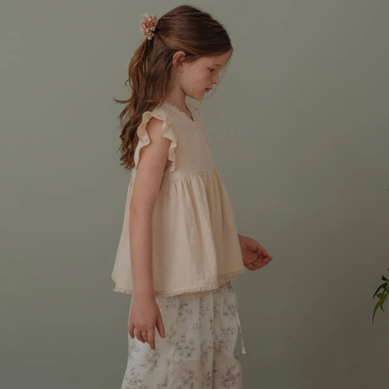 -キッズトップス フリルスリーブ ラップチュニックブラウス コットン ベージュ【mh0006282】 - mamahalo shop - 半袖シャツ・ブラウス -  べビー服 - 子供服 - 男の子 - 女の子