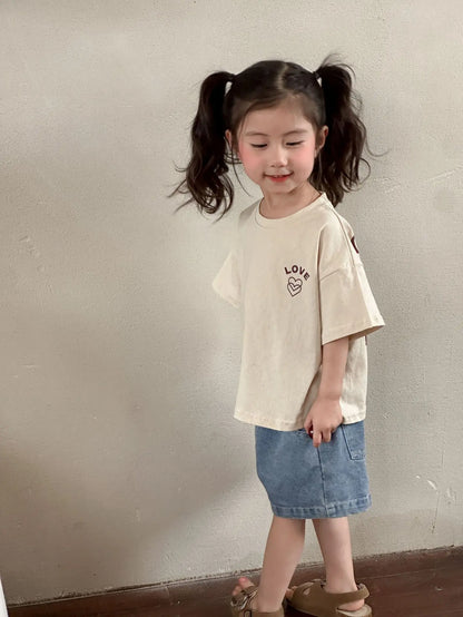 -キッズトップス 半袖Tシャツ ハートLOVEワンポイントロゴ 2カラー - mamahalo shop - 半袖Tシャツ -  べビー服 - 子供服 - 男の子 - 女の子