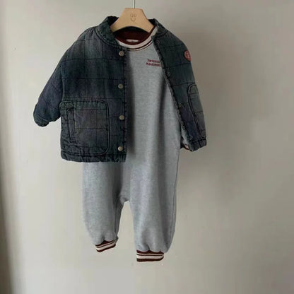 -ベビーロンパース 長袖ジャンプスーツ レターロゴワンポイント ネイビー グレー 2カラー - mamahalo shop - 長袖ロンパース -  べビー服 - 子供服 - 男の子 - 女の子