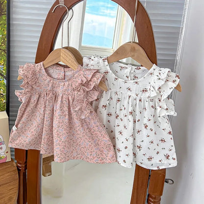 -ベビートップス バタフライスリーブ フリル ノースリーブチュニックブラウス フラワー花柄プリント 2カラー - mamahalo shop - タンクトップ・キャミソール・ノースリーブトップス -  べビー服 - 子供服 - 男の子 - 女の子