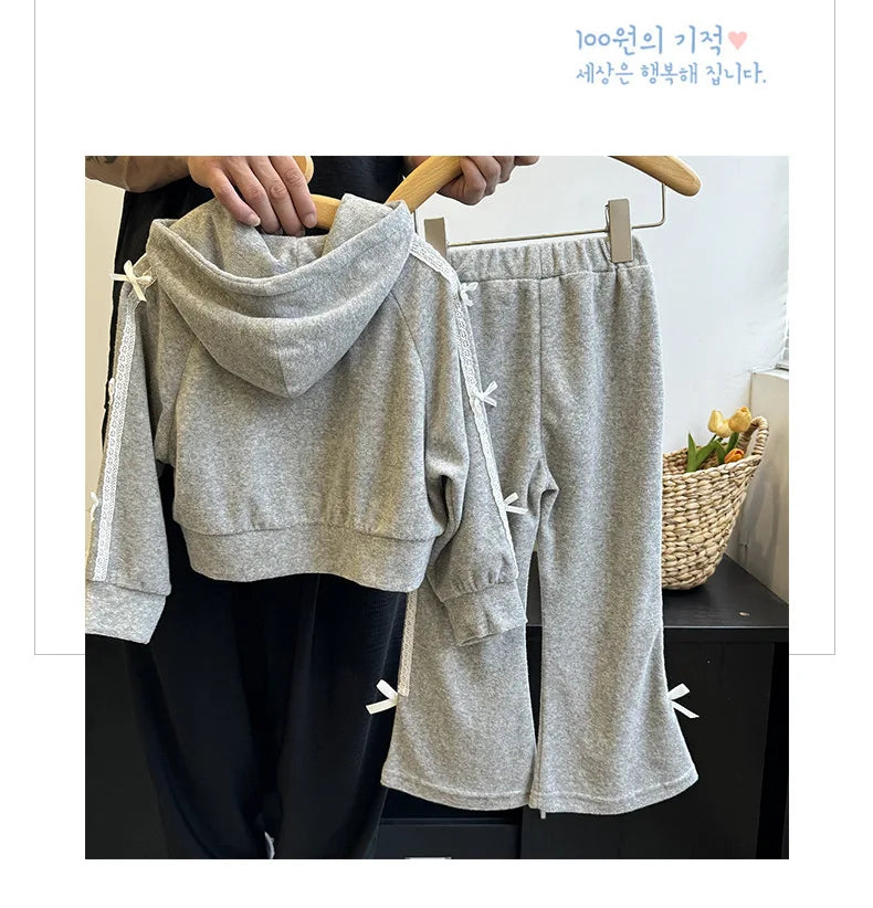 -キッズセットアップ 2点セット リボンサイドラインフーディジッパー長袖スウェットパーカー+スウェットパンツ グレー - mamahalo shop - 長袖セットアップ -  べビー服 - 子供服 - 男の子 - 女の子