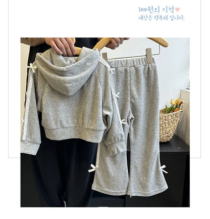 -キッズセットアップ 2点セット リボンサイドラインフーディジッパー長袖スウェットパーカー+スウェットパンツ グレー - mamahalo shop - 長袖セットアップ -  べビー服 - 子供服 - 男の子 - 女の子