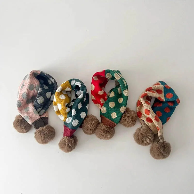 -キッズマフラー ニット ネックウォーマー ぽんぽん付き 水玉ポルカドット チェック 12カラー - mamahalo shop - ネックウォーマー -  べビー服 - 子供服 - 男の子 - 女の子