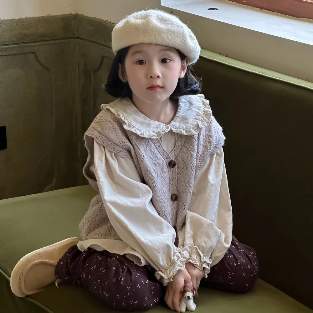 -キッズトップス/ベスト/パンツ フリル襟長袖ブラウス/フラワーエンボスレースニットジレベスト/フラワープリントワイドパンツ【mh0007362】 - mamahalo shop - 長袖セットアップ -  べビー服 - 子供服 - 男の子 - 女の子