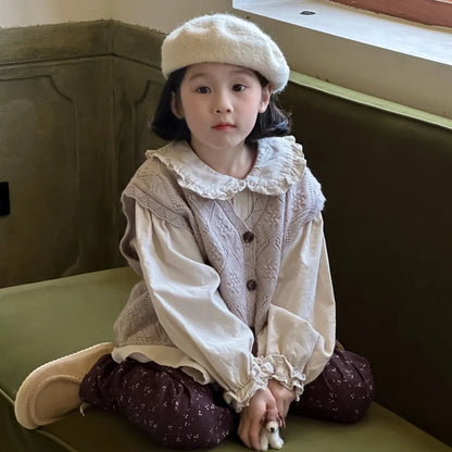 -キッズトップス/ベスト/パンツ フリル襟長袖ブラウス/フラワーエンボスレースニットジレベスト/フラワープリントワイドパンツ【mh0007362】 - mamahalo shop - 長袖セットアップ -  べビー服 - 子供服 - 男の子 - 女の子