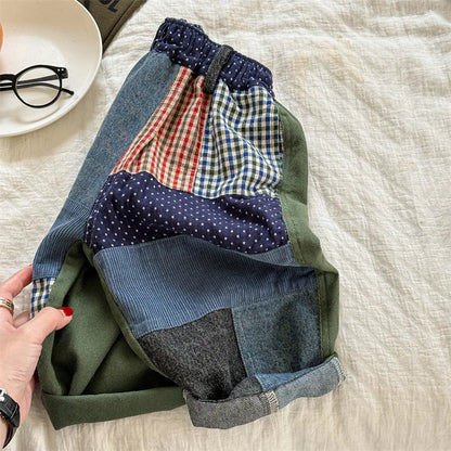 -キッズパンツ 水玉ドットレトロパッチワークルーズワイドデニムパンツ ジーンズジーパン - mamahalo shop - デニムパンツ -  べビー服 - 子供服 - 男の子 - 女の子