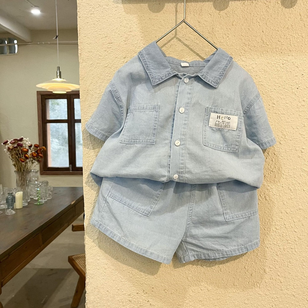 -キッズ デニム ボーイズ セットアップ 半袖 シャツ ショートパンツ ガールズ 半袖シャツ ワンピース リンク 兄弟 姉妹 お揃い コーデ - mamahalo shop - 半袖ワンピース -  べビー服 - 子供服 - 男の子 - 女の子