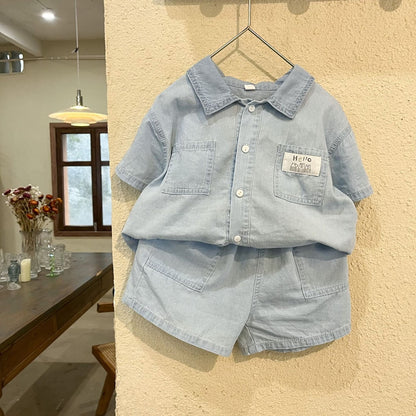 -キッズ デニム ボーイズ セットアップ 半袖 シャツ ショートパンツ ガールズ 半袖シャツ ワンピース リンク 兄弟 姉妹 お揃い コーデ - mamahalo shop - 半袖ワンピース -  べビー服 - 子供服 - 男の子 - 女の子
