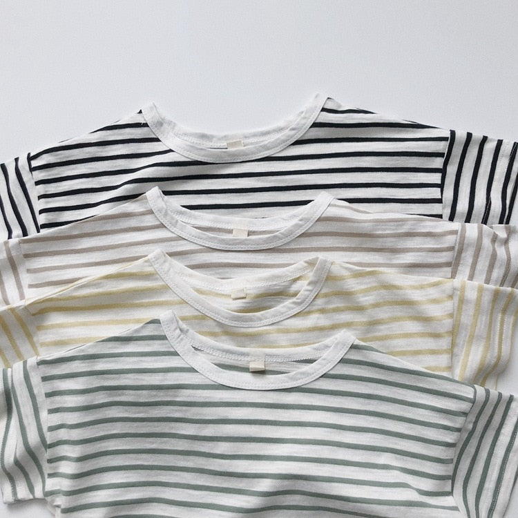 -キッズ ボーダー ルーズ 半袖 Tシャツ トップス 4カラー ユニセックス - mamahalo shop - 半袖Tシャツ -  べビー服 - 子供服 - 男の子 - 女の子