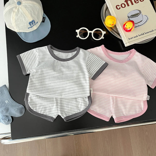 ベビーセットアップ 2点セット 半袖Tシャツ+ショートパンツ ボーダー シンプルベーシック 2カラー - mamahalo shop - 半袖セットアップ -  べビー服 - 子供服 - 男の子 - 女の子