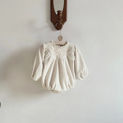 -ベビーロンパース フリース 刺繍レース 長袖ボディスーツ お出かけ 2カラー - mamahalo shop - 長袖ロンパース -  べビー服 - 子供服 - 男の子 - 女の子