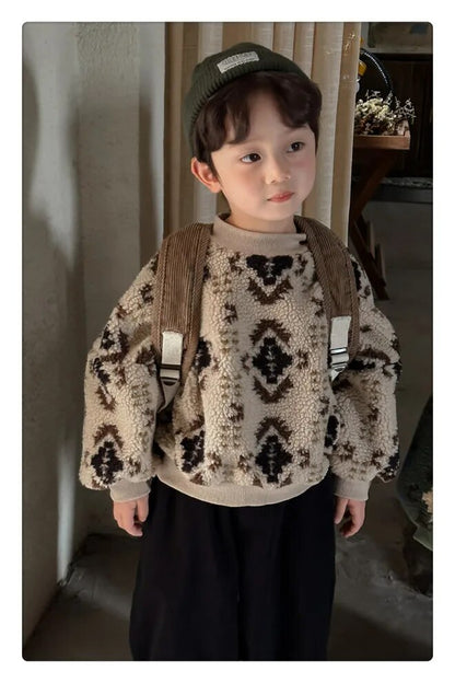 -キッズスウェットシャツ トライバル柄 ボアフリーストレーナー トップス カーキ グリーン 2カラー ユニセックス 男の子 女の子 子供服 - mamahalo shop - トレーナー・フーディ -  べビー服 - 子供服 - 男の子 - 女の子
