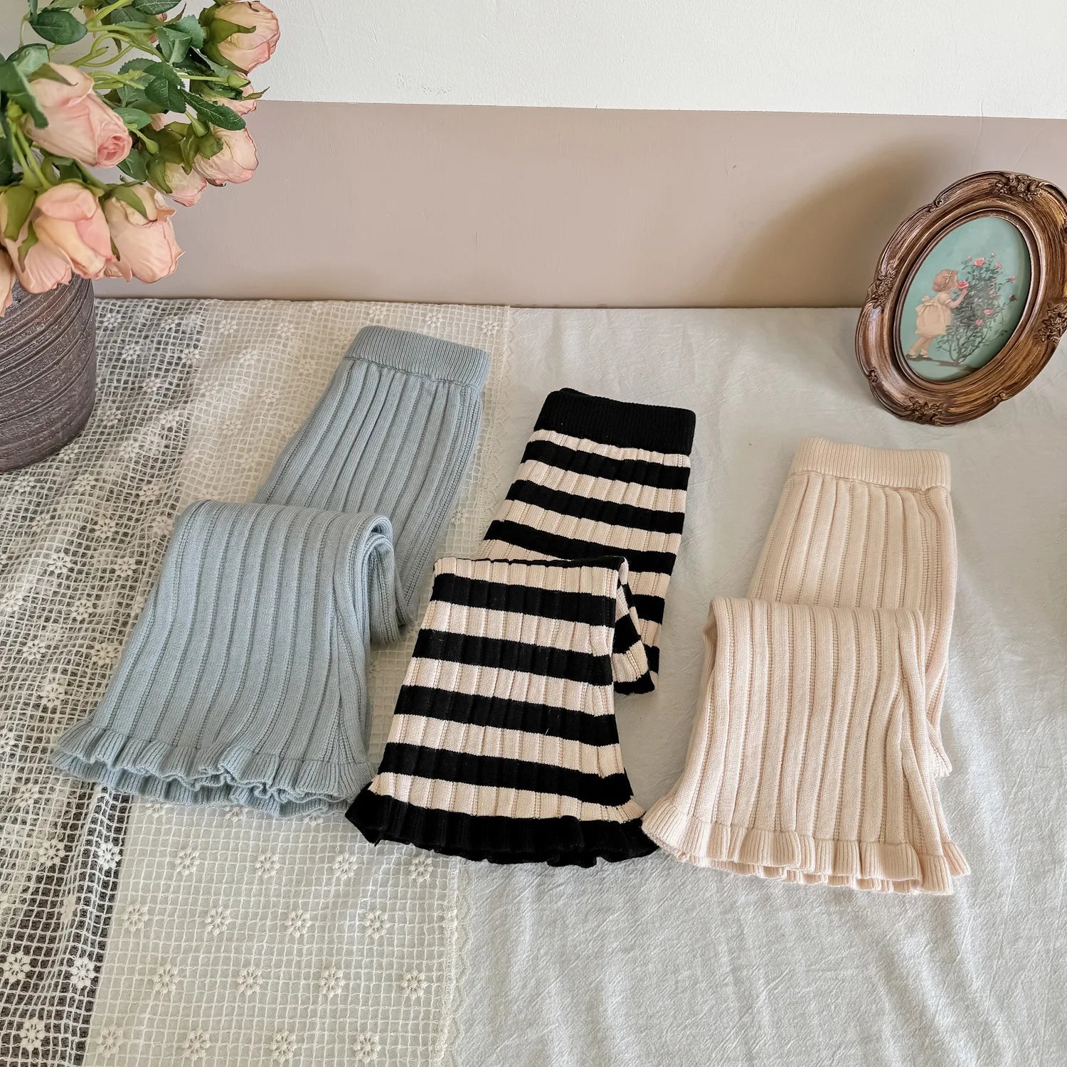 -キッズパンツ 太リブニットフレアレギンスパンツ 無地/ボーダー 3カラー - mamahalo shop - レギンスパンツ -  べビー服 - 子供服 - 男の子 - 女の子