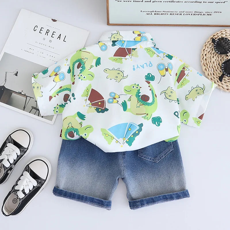 -キッズセットアップ 2点セット 半袖プリントシャツ+デニムハーフパンツ 2カラー【mh0006164】 - mamahalo shop - 半袖セットアップ -  べビー服 - 子供服 - 男の子 - 女の子