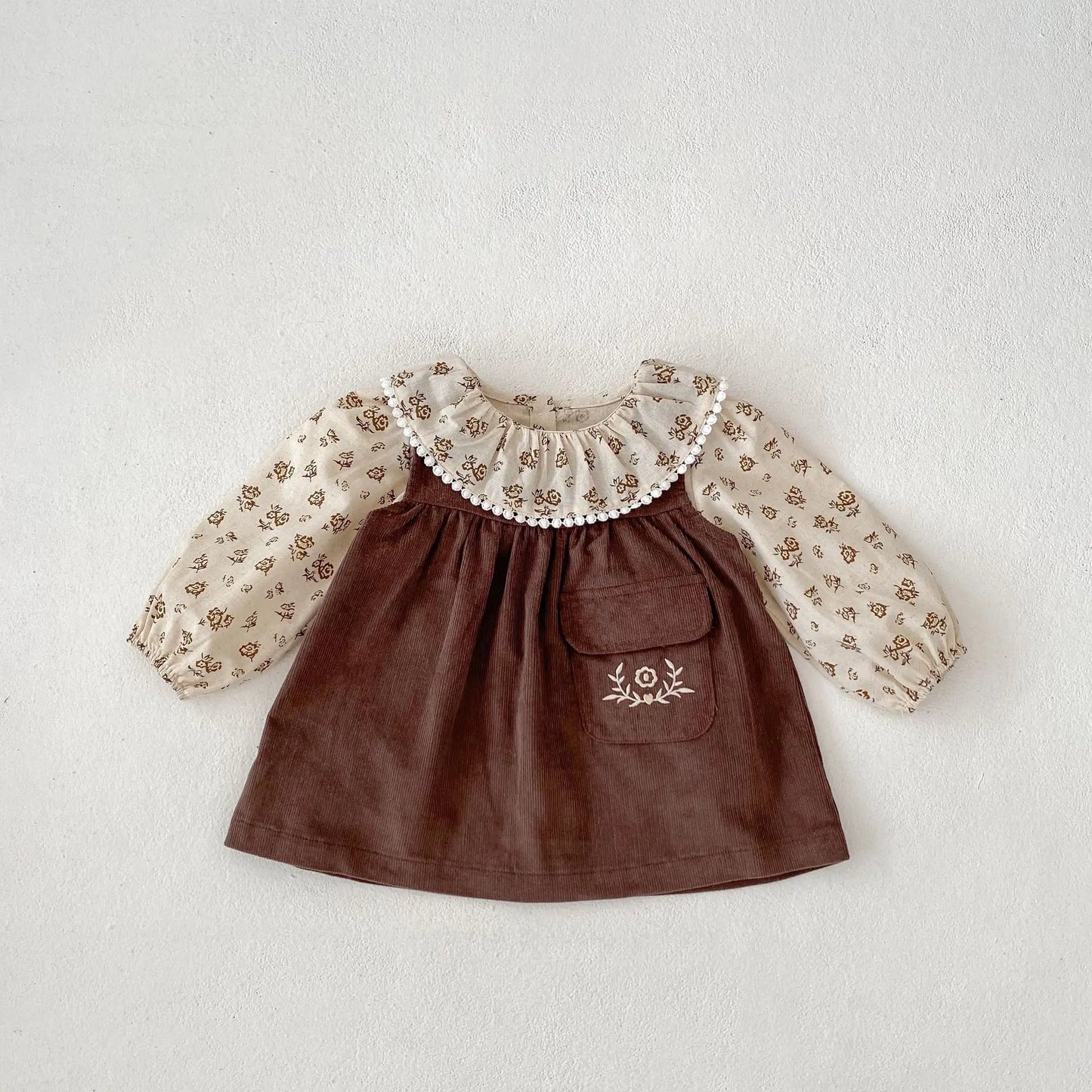 -ベビーキッズトップス/ワンピース フラワー小花柄プリントラッフル襟長袖ブラウス/ノースリーブ刺繍ポケットジャンパースカート - mamahalo shop - 長袖セットアップ -  べビー服 - 子供服 - 男の子 - 女の子