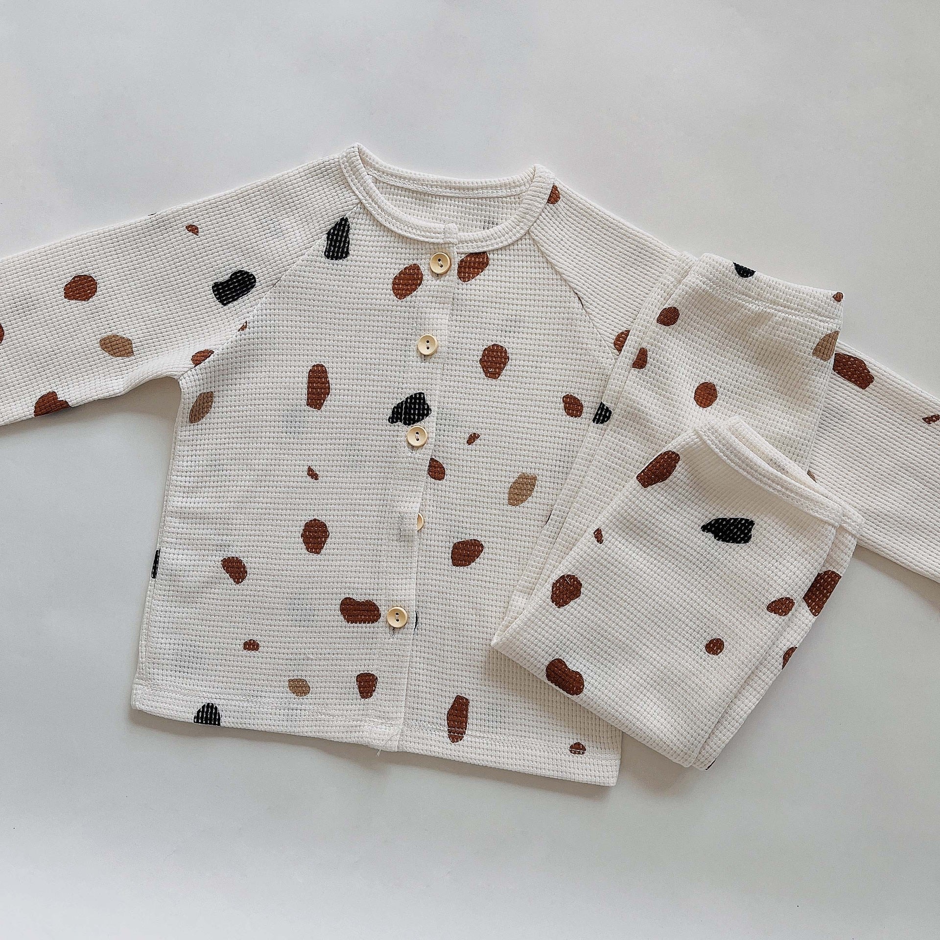 -キッズ ワッフル 長袖 パジャマセット ボタニカル 幾何学 太陽 ルームウェア 3デザイン ユニセックス - mamahalo shop - 長袖パジャマ -  べビー服 - 子供服 - 男の子 - 女の子